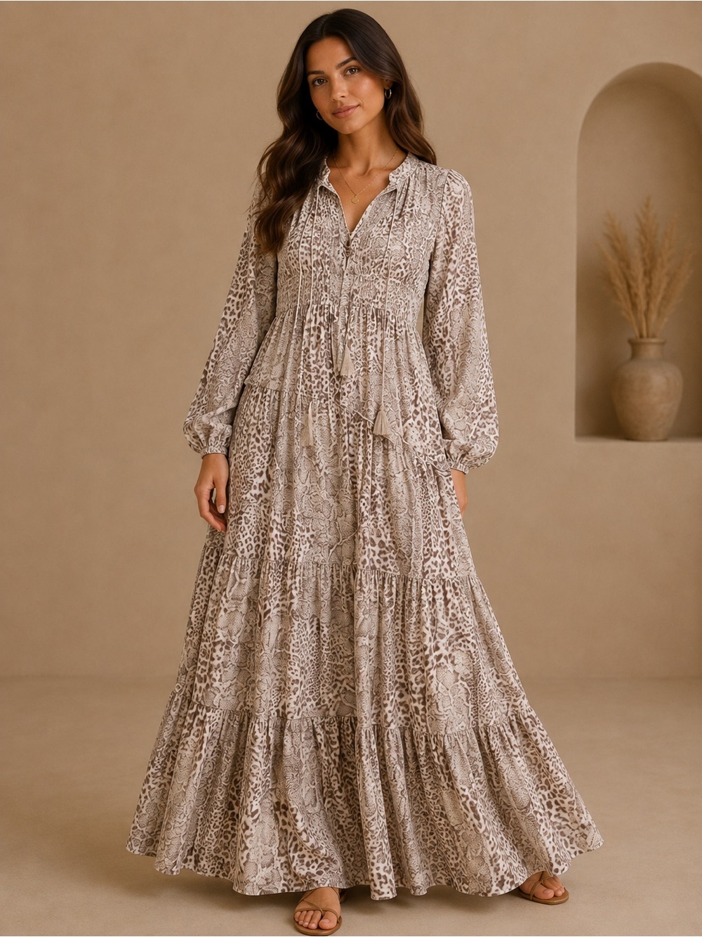 Olivaceous Animal Print Tiered Boho Dress Snake Leopard Mixed Print Size Small